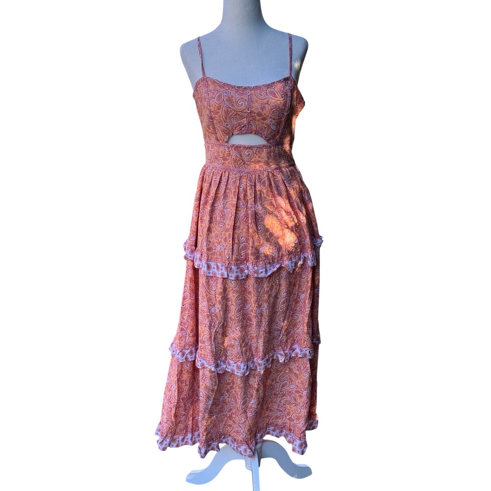 NY&CO Lena Midi Dress Women Small Orange NWT Paisley Tiered Cutout Boho Summer